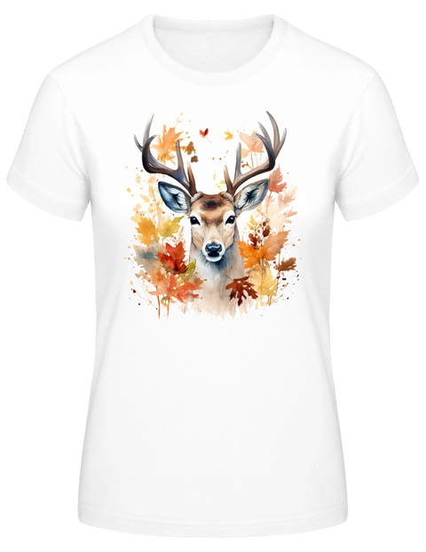 Damen T-Shirt in weiß mit Aufdruck, Hirsch mit herbstlichem Laub