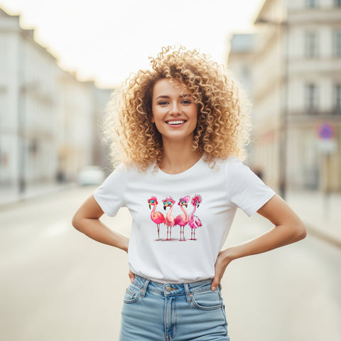 Blonde hübsche Frau mit Locken, trägt ein weißes T-Shirt mit pinken Flamingos drauf