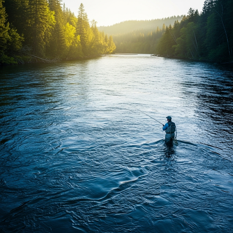 Fliegenfischer im großen Fluss mit Bissanzeiger und ymphe