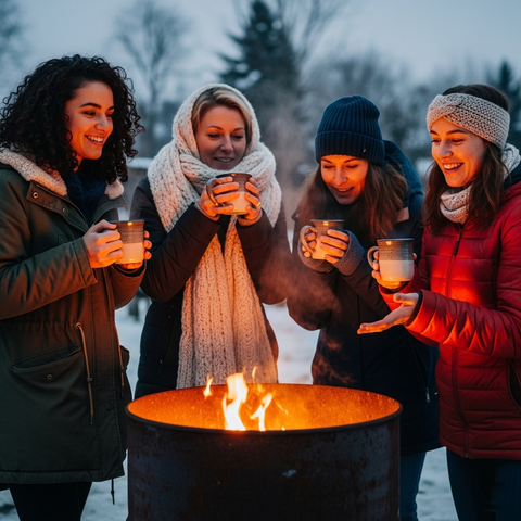 Vier Frauen stehen um eine Feuertonne und trinken Glühwein