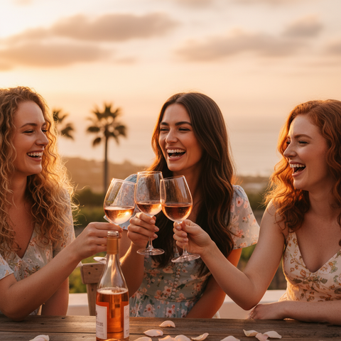 3 junge hübsche Frauen sitzen an einem Tisch und trinken Rose Wein