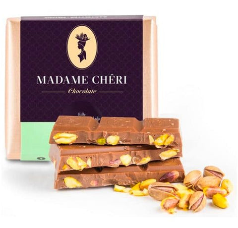 Edle Vollmilchschokolade mit ganzen Pistazienkernen - 90 gr. Madame Cheri