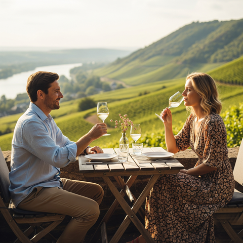 Paar geniest einen Riesling im Weingut Prinz im Rheingau - 2023 RIESLING trocken VDP. Gutswein