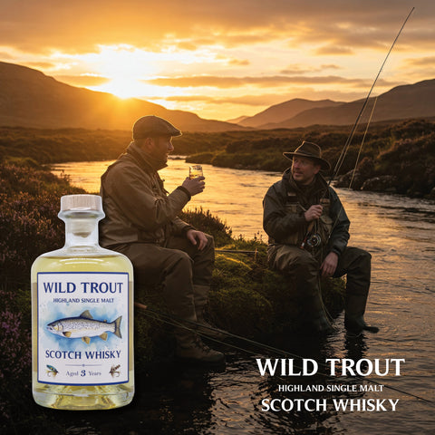 Stimmungsvolle Szene mit 2 Fliegenfischern an einem schottischen Fluss und WILD TROUT - Highland Single Malt Scotch Whisky