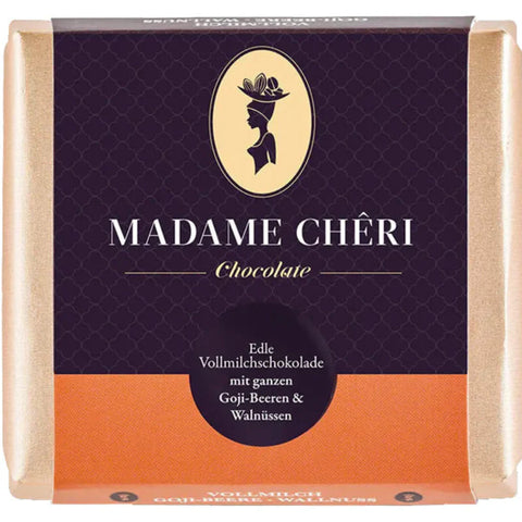 Zartbitter Schokolade mit Walnüssen & Goji Beeren (90g) Madame Cheri