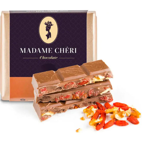 Zartbitter Schokolade mit Walnüssen & Goji Beeren (90g) Madame Cheri