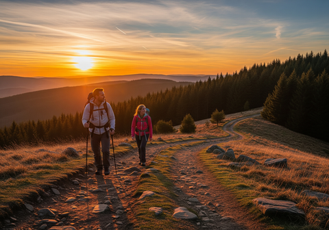" Wanderer auf einem Bergkamm im Sauerland mit stimmungsvollen Sonnenuntergang
