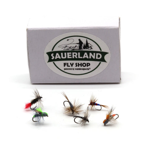 Fliegen-Set Sauerland #5 - ÄSCHE / Trockenfliegen beinhaltet die 6 wichtigsten Trockenfliegenmuster für das Fischen in Wenne, Lenne, Ruhr &amp; Co. für jede Jahreszeit.