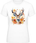 Damen T-Shirt in weiß mit Aufdruck, Hirsch mit herbstlichem Laub
