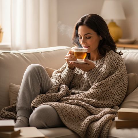 Eine Frau sitzt in eine Decke gekuschelt auf der Couch und trinkt eine heiße asse Tee