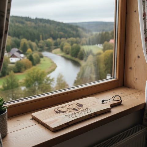 Schneidebrett / Holzbrett mit Gravur "Fliegenfischen Sauerland Wenholthausen"