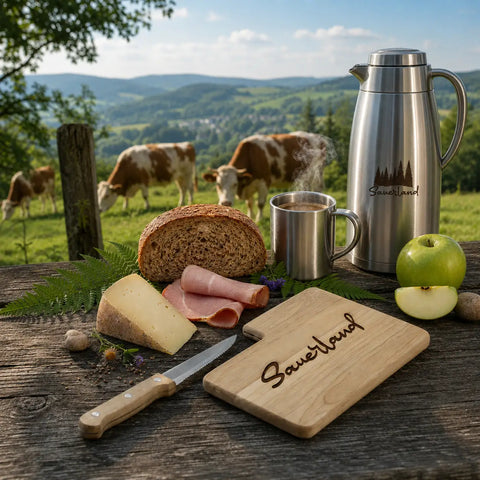 Rustikales Frühstücksbrett mit Brotzeitmesser und Gravur „Sauerland“ - WALDDESIGNERIN® 