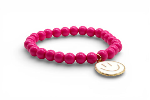 Pinkes Perlenarmband mit großem weißen Smiley Anhänger - Im Sauerland kaufen!