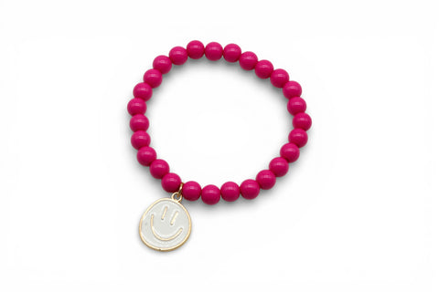 Pinkes Perlenarmband mit großem weißen Smiley Anhänger - Im Sauerland kaufen!