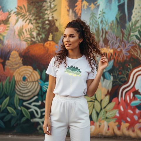 Hübsche Frau mit weißen T-Shirt und dem Aufdruck Namaste mit grüner Yoga Lotus Blüte