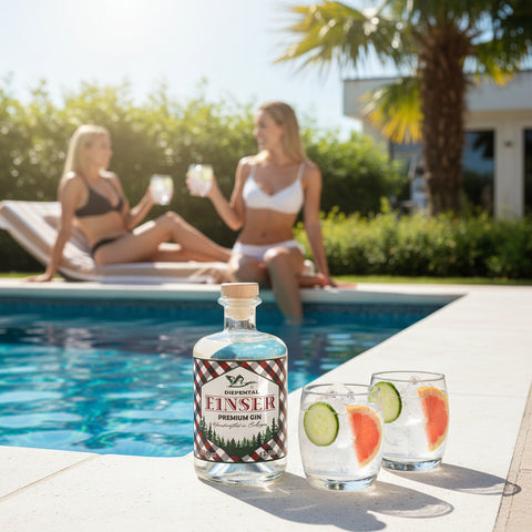 Sommerliche Szene am Pool, 2 Frauen im Bikini trinken Gin Tonic