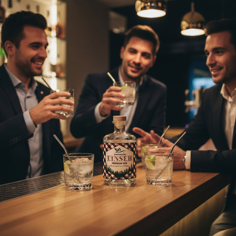 Stimmungsvolle Szene an der Bar, 3 Männer trinken Gin Tonic