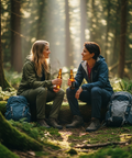 " Frauen sitzen im Sauerland im Wald auf einem umgefallenen Baum und trinken Bier aus der Flasche