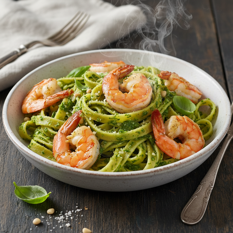 Frische Bandnudeln mit Bärlauchpesto und Gambas im Sauerland