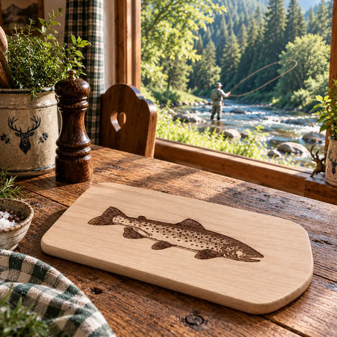 Buchenholz-Schneidebrettchen mit Bachforellen-Gravur - WALDDESIGNERIN®