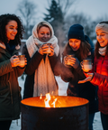 Vier Frauen stehen um eine Feuertonne und trinken Glühwein