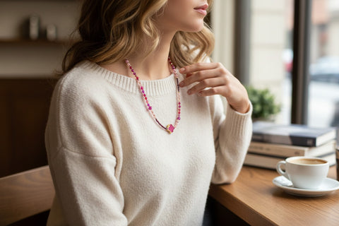 Day & Eve Halskette - Perlen mit Kleeblattanhänger - Pink - Im Sauerland kaufen