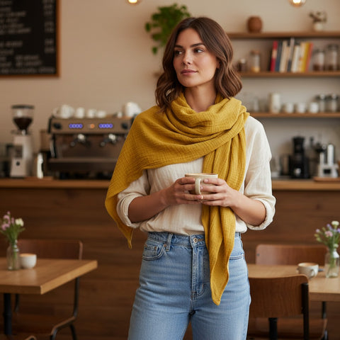Musselinschal / Dreieckstuch XXL - Curry – Handgefertigt im Sauerland