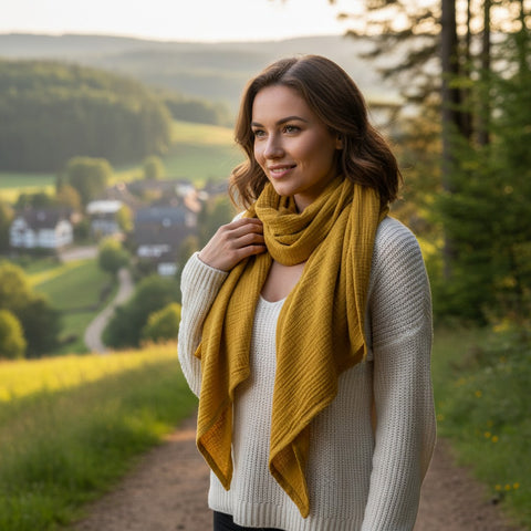 Musselinschal / Dreieckstuch XXL - Curry – Handgefertigt im Sauerland