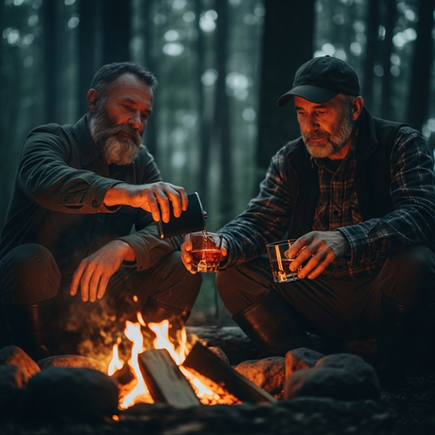 Zwei Jäger sitzen im Sauerland am Feuer und trinken Whisky aus einem schwarzen Flachmann
