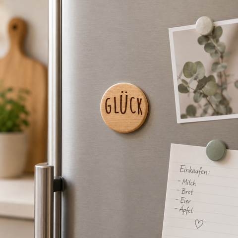 Kühlschrankmagnet Holz rund "Glück"