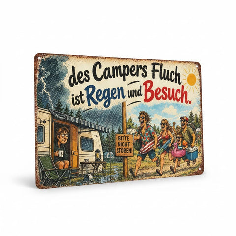 Blechschild „Des Campers Fluch ist Regen und Besuch“ - Witzige Camping Deko - Das ideale Geschenk für Camper - WALDDESIGNERIN® 