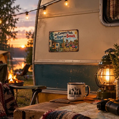 Blechschild „Des Campers Fluch ist Regen und Besuch“ - Witzige Camping Deko - Das ideale Geschenk für Camper - WALDDESIGNERIN® 