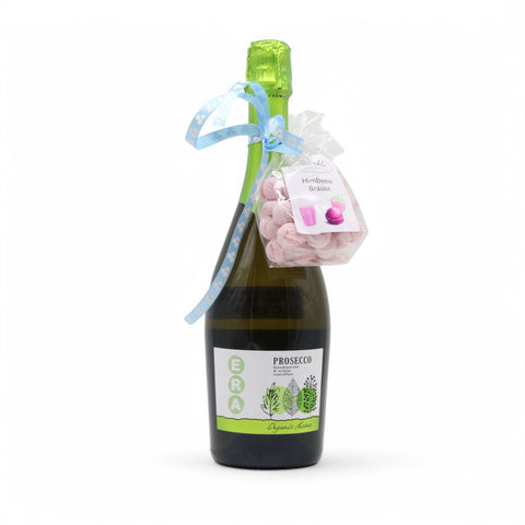 1 Flasche Feinkost Prosecco mit einer Tüte Himbeerbrause Bonbons als Muttertagsgeschenk