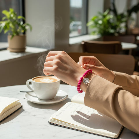 Pinkes Perlenarmband mit großem weißen Smiley Anhänger - Im Sauerland kaufen!
