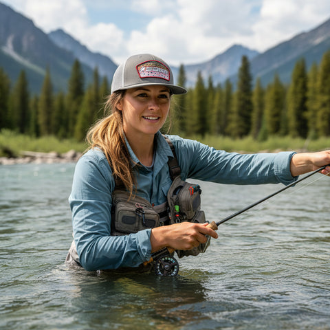 SAGE Patch Trucker Hat - Baseball Cap - Charcoal-Rainbow Trout