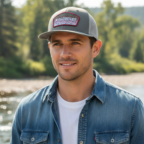 SAGE Patch Trucker Hat - Baseball Cap - Charcoal-Rainbow Trout