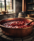 Kupferkessel mit Maische eines Sauerkirschlikörs aus dem Sauerland