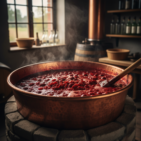 Kupferkessel mit Maische eines Sauerkirschlikörs aus dem Sauerland