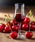Frische leutend rote Sauerkirschen mit einem Glas Sauerkirschlikör
