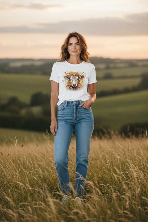 Damen T-Shirt Sauerland mit Kuh und Blumen