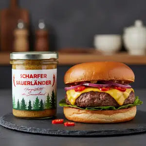 Ein saftiger Cheese Burger mit frischem sauerländer Senf, dem Scharfen Sauerländer - WALDDESIGNERIN®