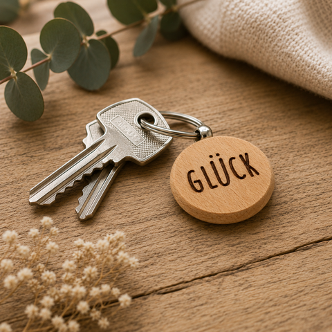 Schlüsselanhänger aus Holz - Rund - GLÜCK