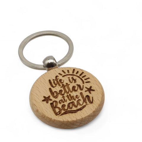 Schlüsselanhänger aus Holz - Rund - Life is better at the beach