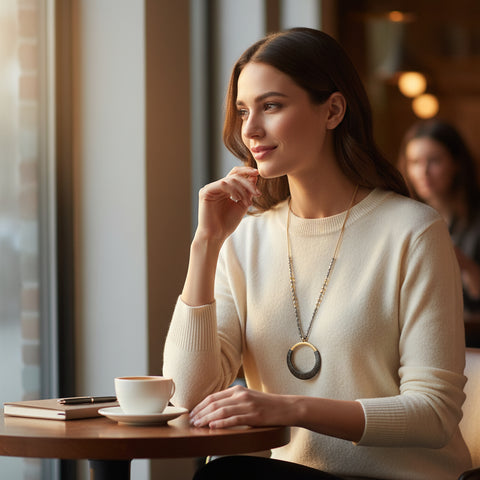 Damen Halskette - Perlen mit Messingkreis und Kunstleder - Schmuck im Sauerland kaufen!