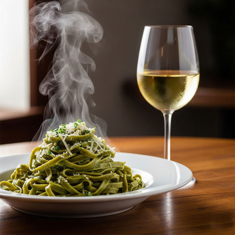 Gourmet Spinat Tagliatelle mit einem Glas Weißwein
