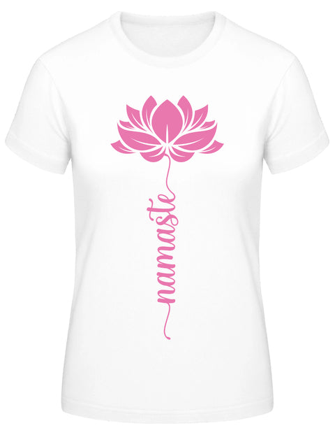 Damen T-Shirt in der Farbe weiß mit pinkem Aufdruck Namaste und Lotusblume
