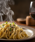 Feinste Gourmet Trüffel Tagliatelle aus dem Frankenland, dazu ein Glas Rotwein