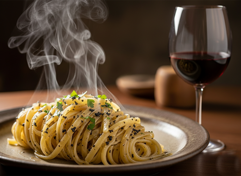 Feinste Gourmet Trüffel Tagliatelle aus dem Frankenland, dazu ein Glas Rotwein
