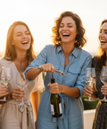 4 lachende Frauen die eine Flasche Wein öffnen.