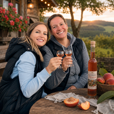 2 hübsche Frauen die mit Weinbergpfirsichlikör anstoßen